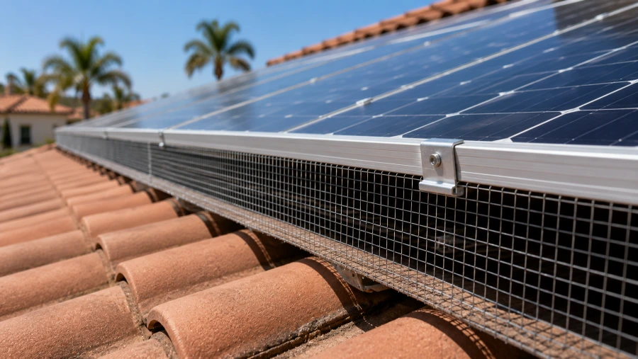 Bird and pigeon proofing mesh screening installed around the edge of a solar panel array