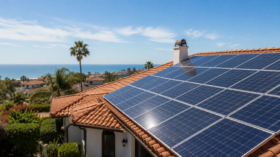 Clean solar panels reflecting bright sunlight on a home roof in San Clemente, CA