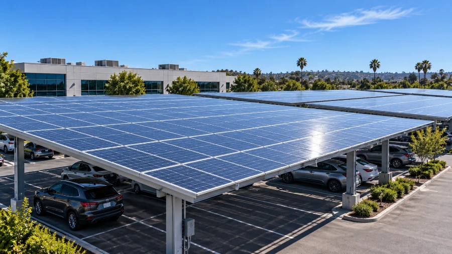 Large-scale commercial solar array on a rooftop or carport structure in Orange County, CA