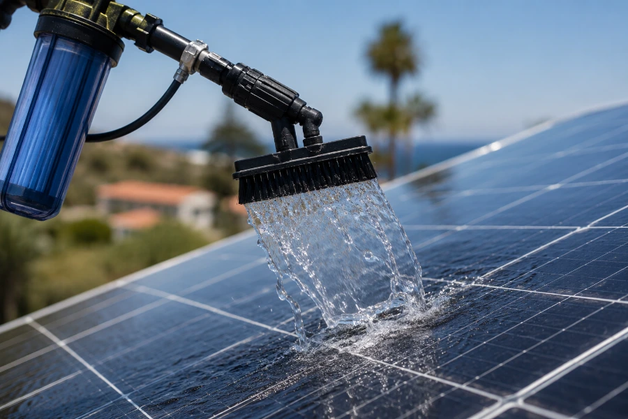 Deionized purified water rinsing a solar panel spot-free with no soap residue during cleaning in San Clemente, CA