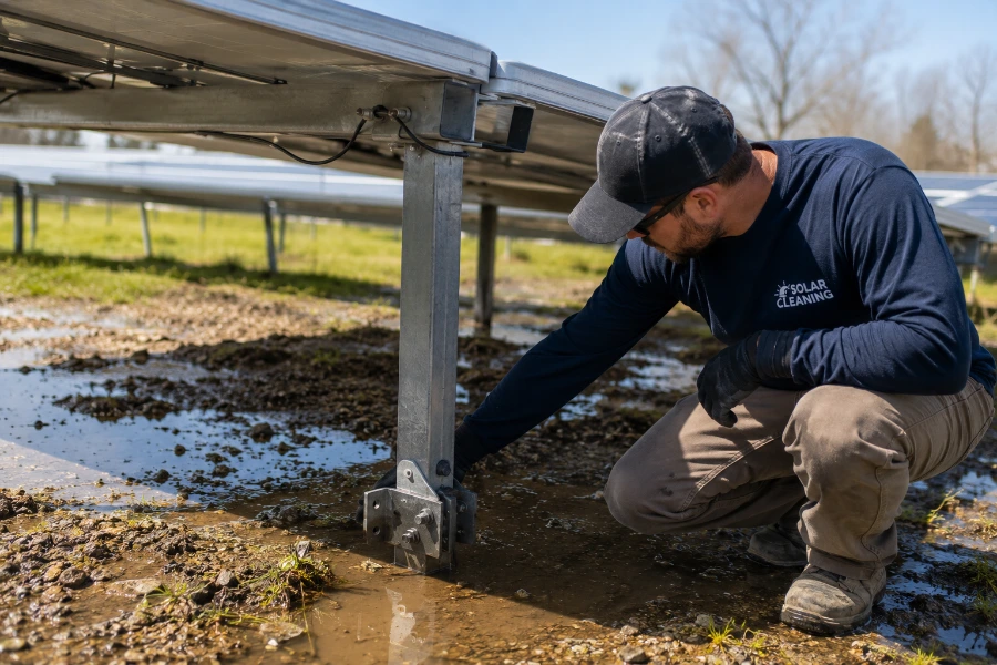 Technician checking a ground-mounted solar panel array for standing water and proper drainage after cleaning