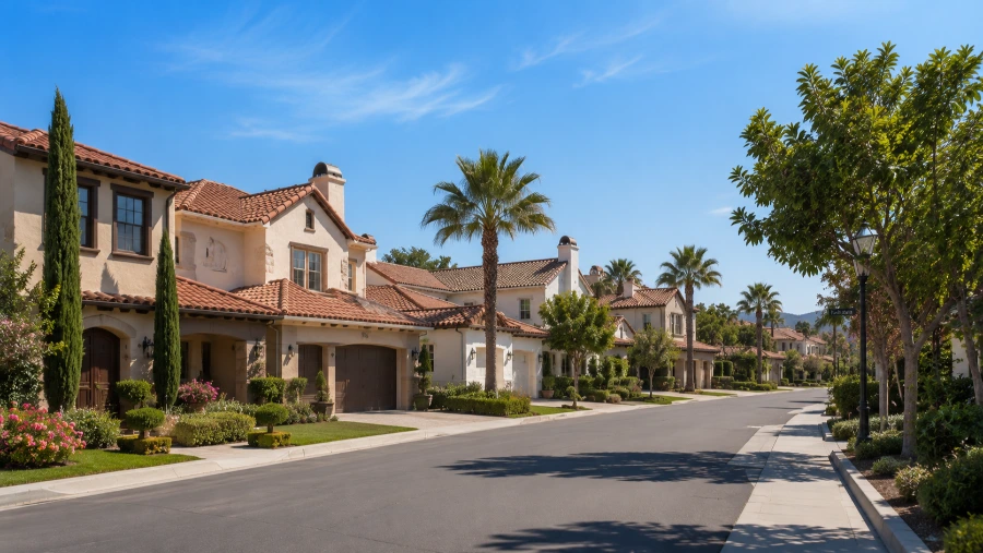 Spanish-tile rooftops and a manicured street in a gated HOA community in San Clemente, CA