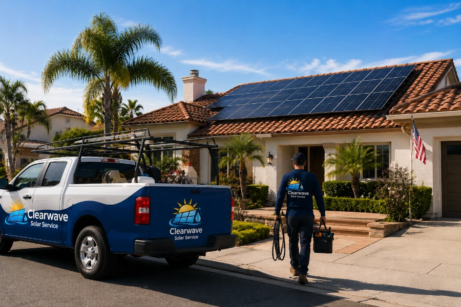 Well-maintained clean solar panel array as part of a recurring maintenance plan