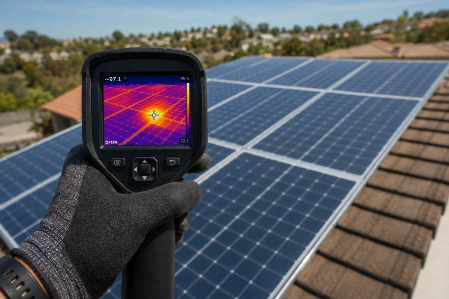 Thermal imaging inspection of a solar panel array showing a heat-map used to detect soiling versus a defective module