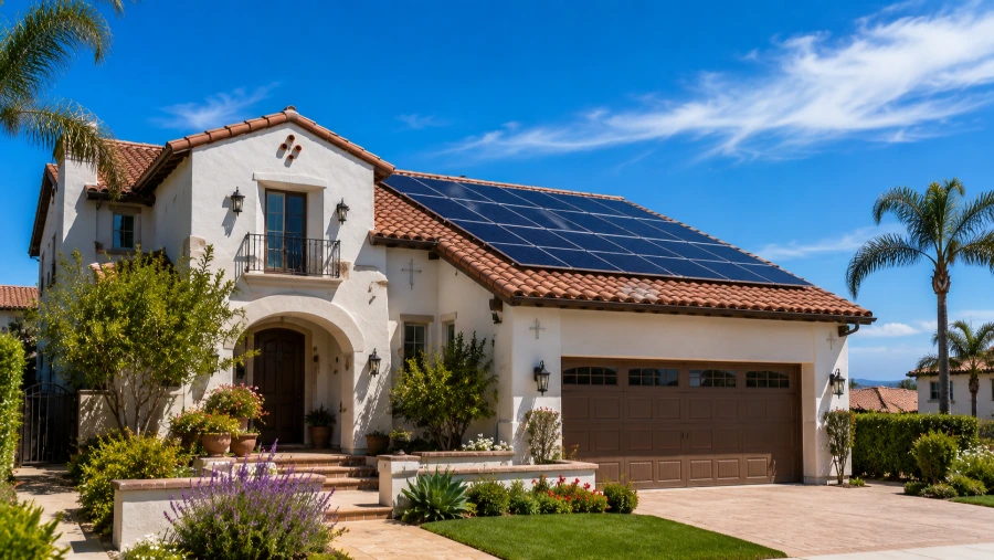 Two-story single-family home in San Clemente, CA with clean solar panels on a tile roof