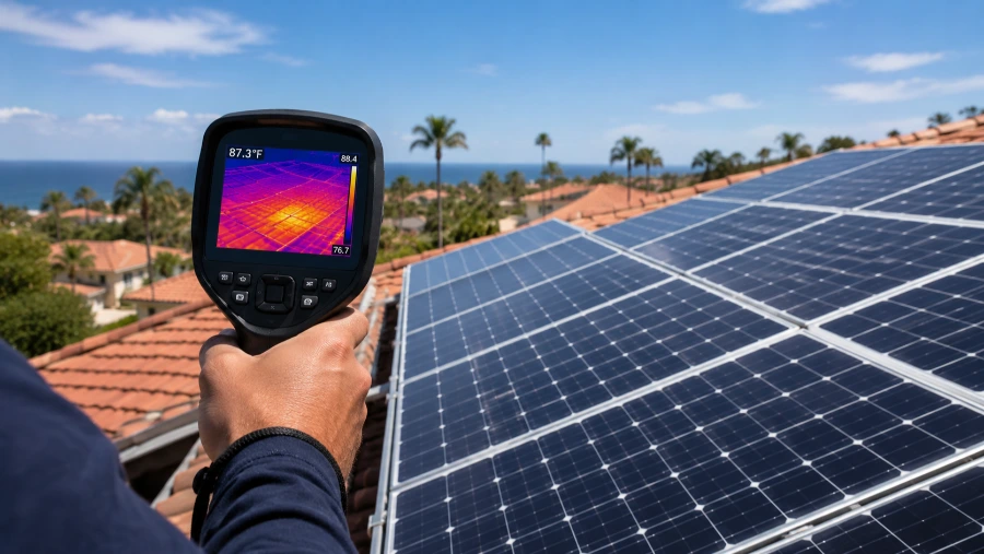 Technician performing a rooftop solar panel inspection with a thermal imaging camera