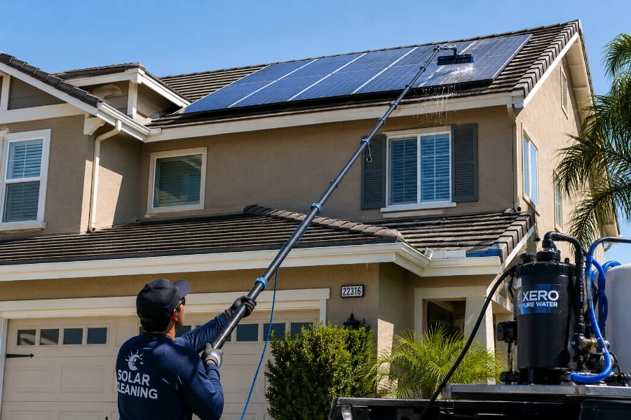 Technician using a soft-bristle water-fed pole system to clean solar panels from ground level on a San Clemente, CA home