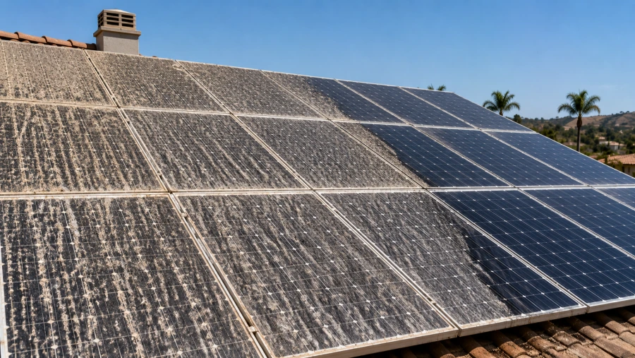 Heavily soiled solar panel array before a restoration-level cleaning