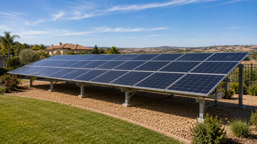 Ground-mounted solar panel array in a suburban San Clemente, CA landscape
