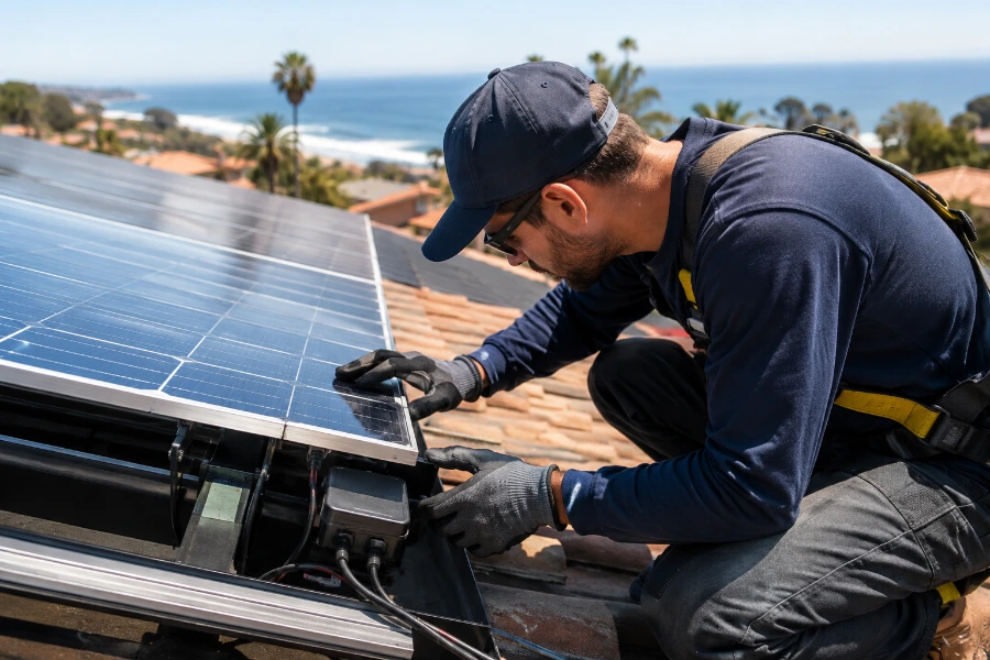 Technician visually inspecting a solar panel and wiring for damage or bird nests before cleaning, San Clemente, CA