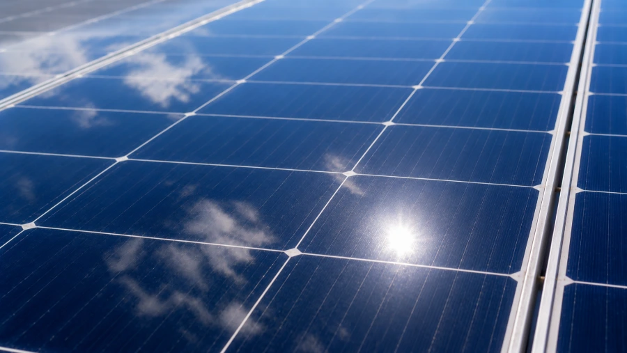 Close-up of a clean solar panel with a glossy, reflective surface after deionized water cleaning