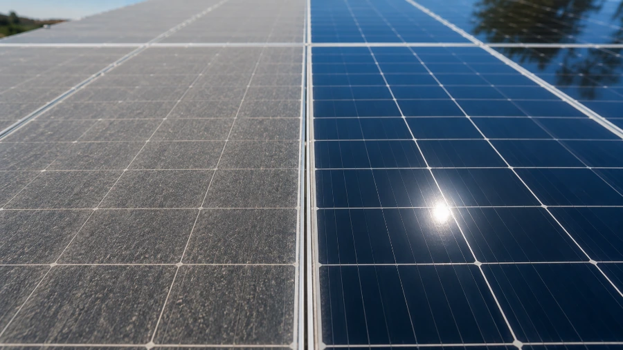 Before and after comparison of a dirty versus clean solar panel